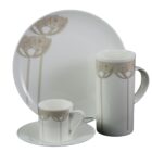 Ivory Rowan Tree design inspired by M.H. Baillie Scott small plate, mug, espresso cup and saucer.