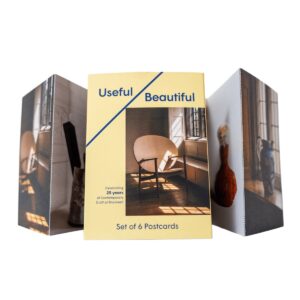 Front cover of Useful/Beautiful postcard set featuring six perforated postcards celebrating 25 years of contemporary craft at Blackwell – the Arts & Crafts house.